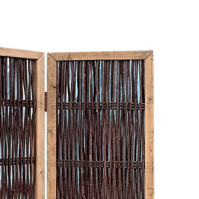 Transitional 3 Panel Wooden Screen with Weaved Design, Brown