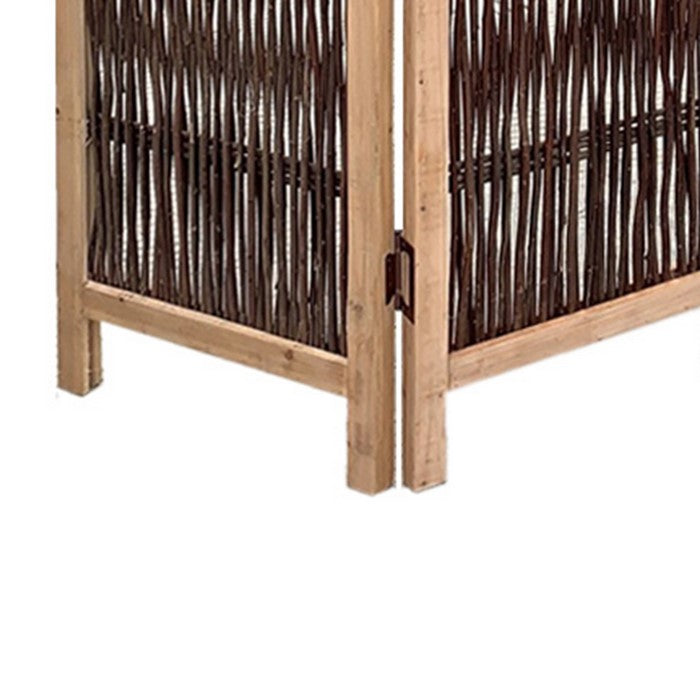 Transitional 3 Panel Wooden Screen with Weaved Design, Brown