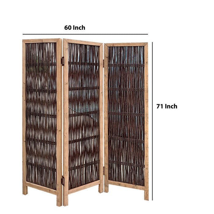 Transitional 3 Panel Wooden Screen with Weaved Design, Brown