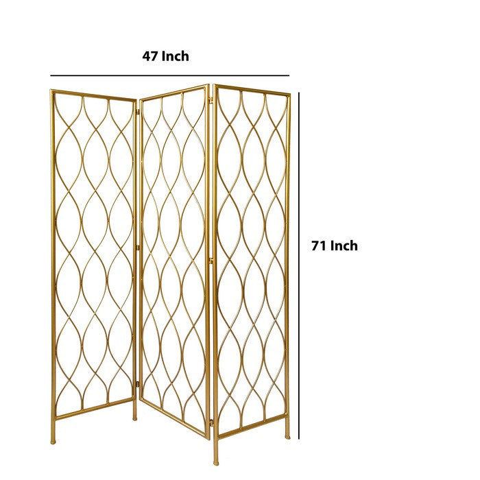 3 Panel Metal Frame Screen with Twisted Oval Design, Gold