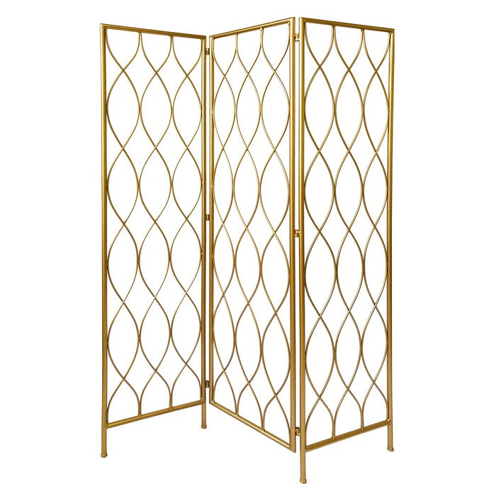 3 Panel Metal Frame Screen with Twisted Oval Design, Gold