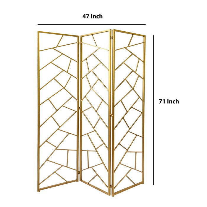 3 Panel Metal Frame Screen with Lattice Cut Out Design, Gold