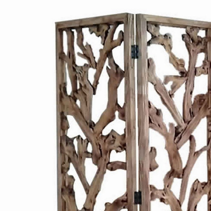 3 Panel Wooden Screen with Mulberry Alpine Like Branches Design, Brown