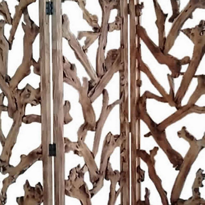 3 Panel Wooden Screen with Mulberry Alpine Like Branches Design, Brown