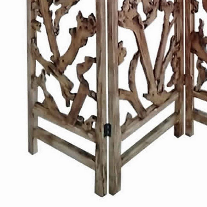 3 Panel Wooden Screen with Mulberry Alpine Like Branches Design, Brown