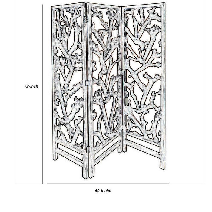 3 Panel Wooden Screen with Mulberry Alpine Like Branches Design, Brown
