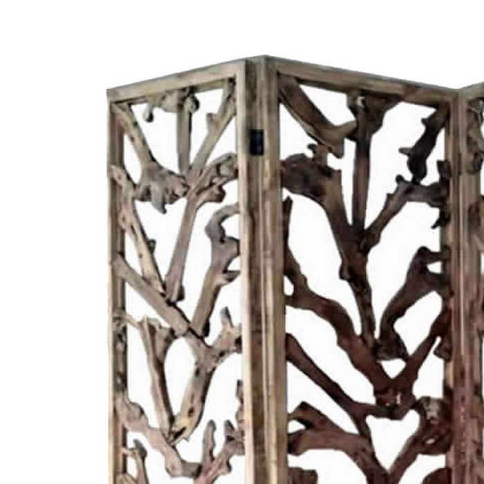 4 Panel Wooden Screen with Mulberry Alpine Like Branches Design, Brown