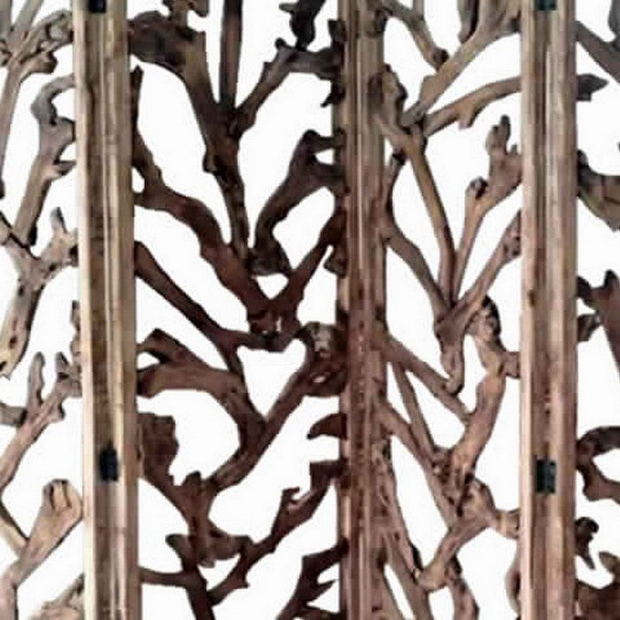 4 Panel Wooden Screen with Mulberry Alpine Like Branches Design, Brown