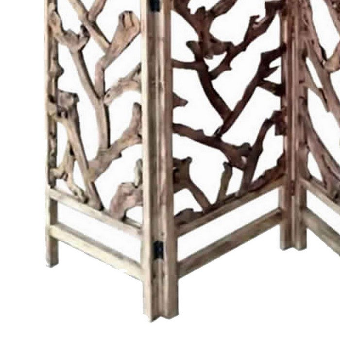4 Panel Wooden Screen with Mulberry Alpine Like Branches Design, Brown