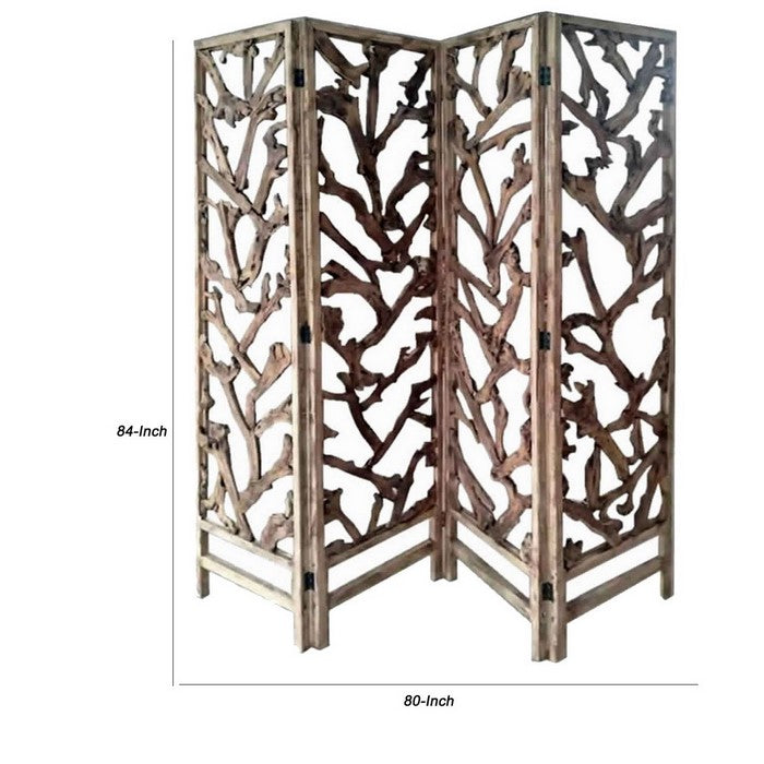 4 Panel Wooden Screen with Mulberry Alpine Like Branches Design, Brown