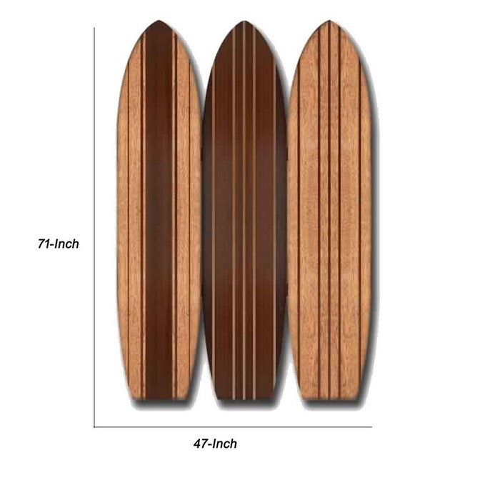 3 Panel Wooden Screen with Surfboard Shape Design, Brown