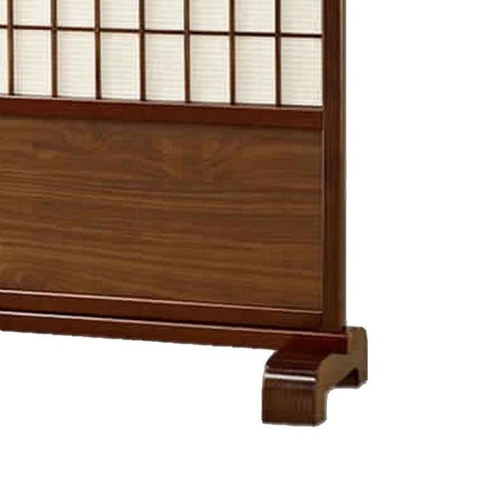 Wooden Screen Stand with Shoji and Jute Inlays, Walnut Brown