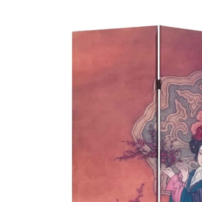 3 Panel Wooden Screen with Artistically Crafted Artwork, Multicolor