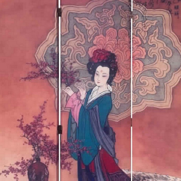 3 Panel Wooden Screen with Artistically Crafted Artwork, Multicolor