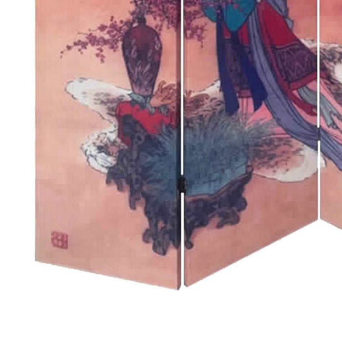 3 Panel Wooden Screen with Artistically Crafted Artwork, Multicolor