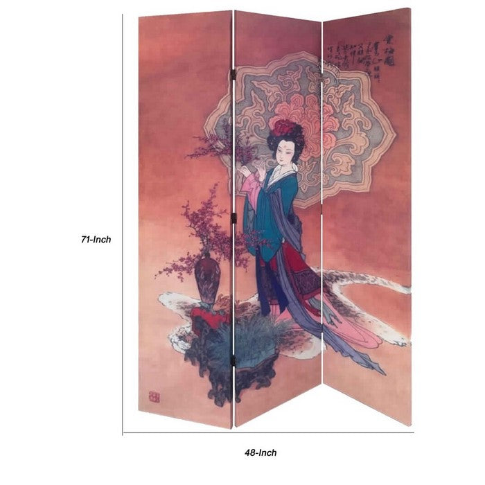 3 Panel Wooden Screen with Artistically Crafted Artwork, Multicolor