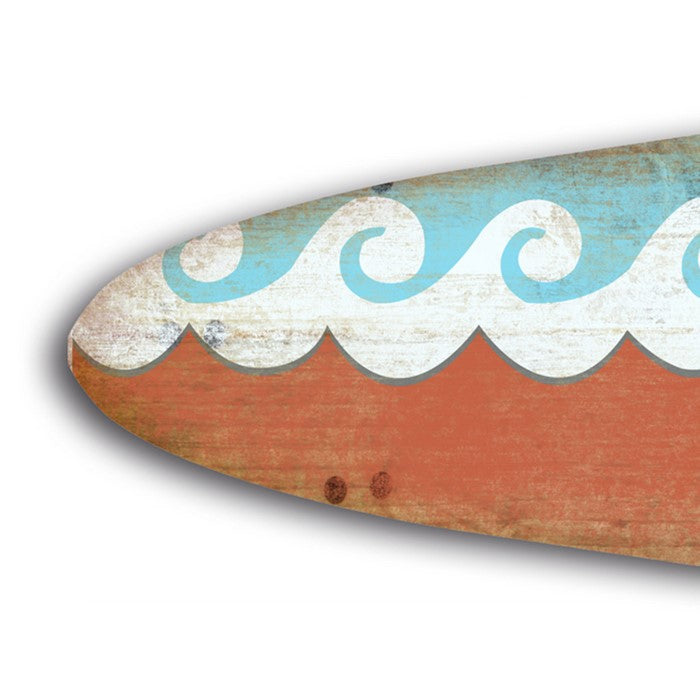Wooden Surfboard Wall Art with Wave Design, Blue and Red