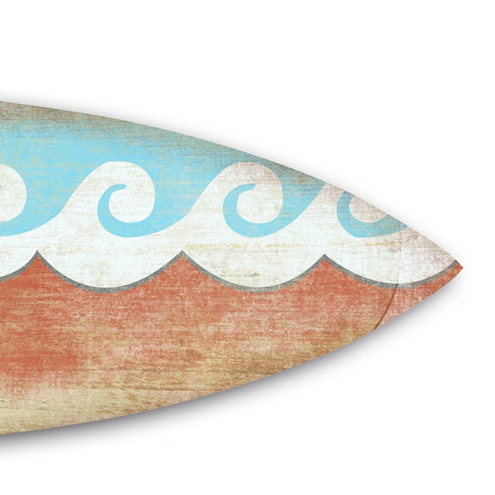 Wooden Surfboard Wall Art with Wave Design, Blue and Red