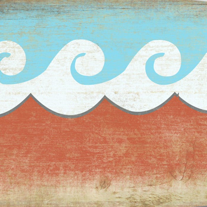 Wooden Surfboard Wall Art with Wave Design, Blue and Red