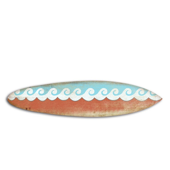 Wooden Surfboard Wall Art with Wave Design, Blue and Red