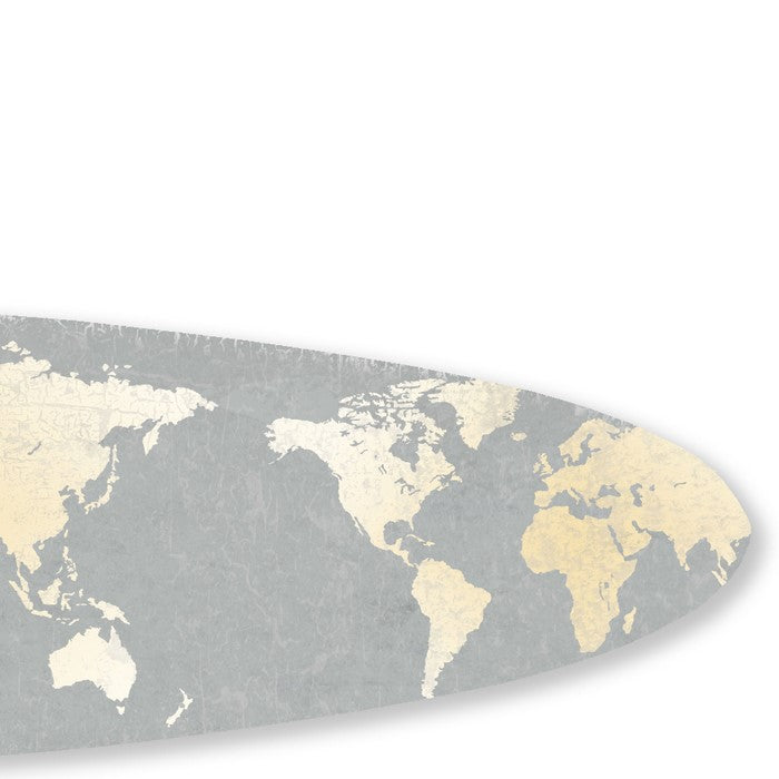 Wooden Surfboard Wall Art with World Map Print, Gray and White