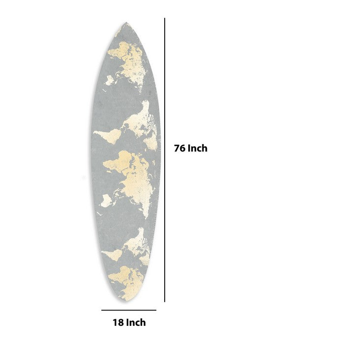 Wooden Surfboard Wall Art with World Map Print, Gray and White