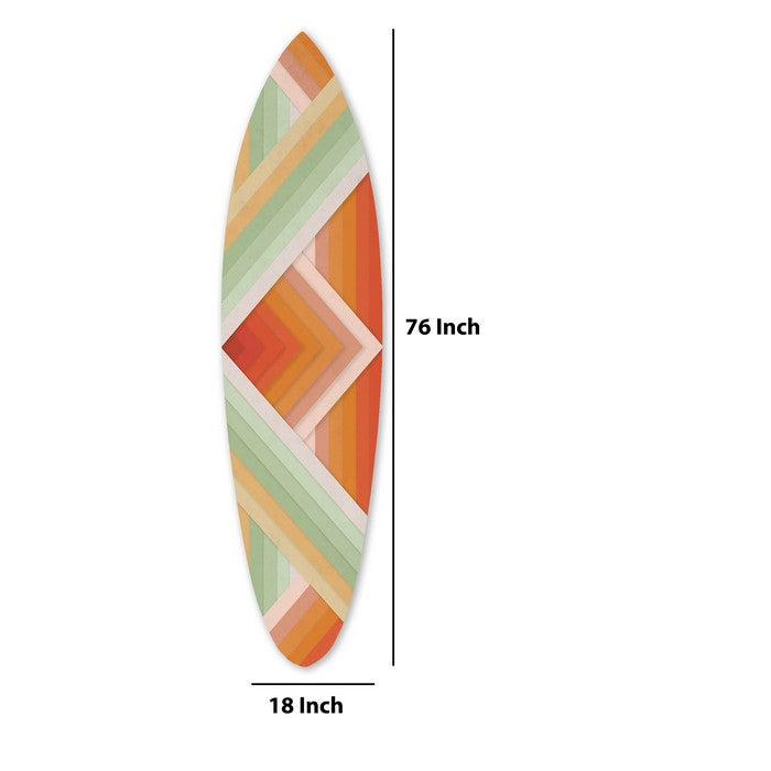 Wooden Surfboard Wall Art with Chevron and Stripe Print, Multicolor