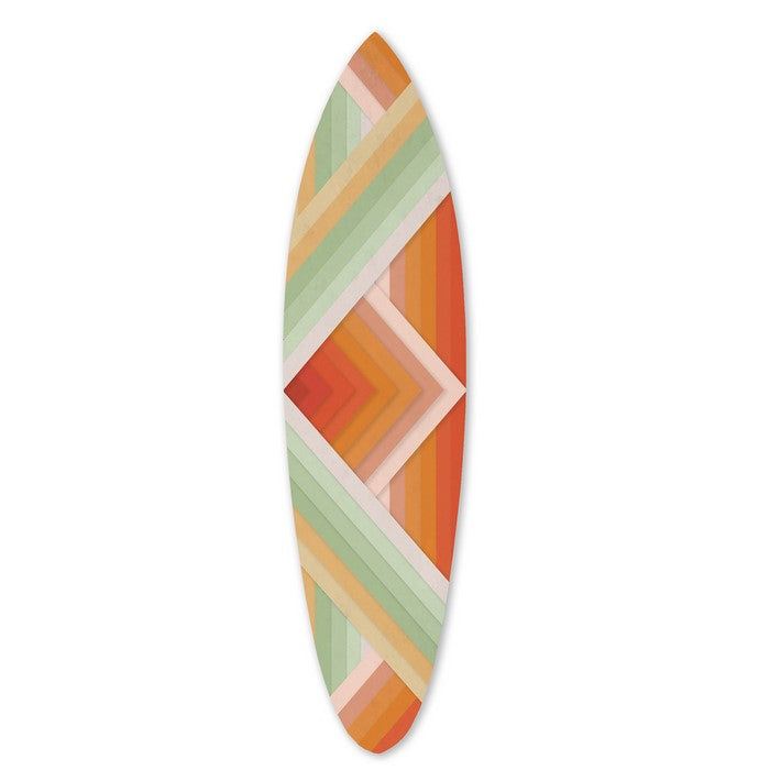 Wooden Surfboard Wall Art with Chevron and Stripe Print, Multicolor