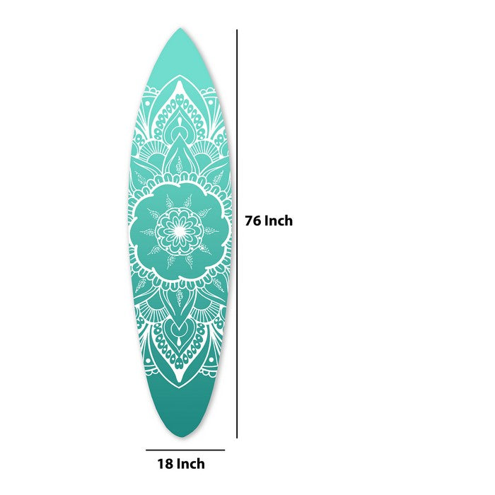 Wooden Surfboard Wall Art with Medallion Print, Blue and White