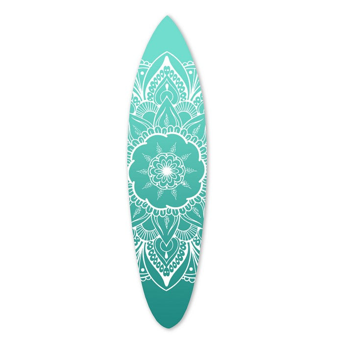 Wooden Surfboard Wall Art with Medallion Print, Blue and White