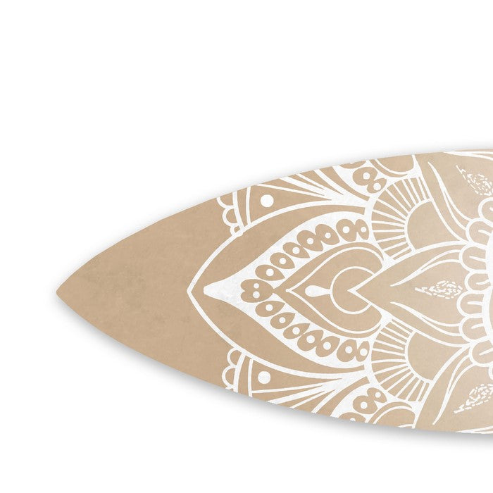 Wooden Surfboard Wall Art with Medallion Print, Brown and White