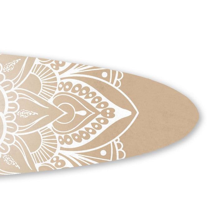 Wooden Surfboard Wall Art with Medallion Print, Brown and White