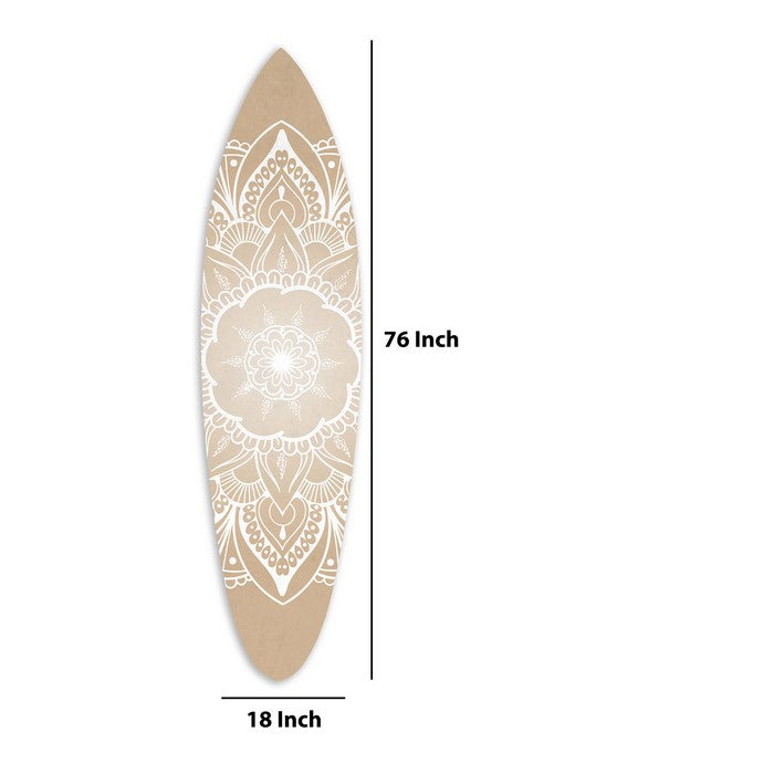 Wooden Surfboard Wall Art with Medallion Print, Brown and White
