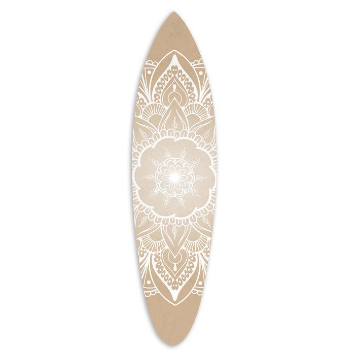 Wooden Surfboard Wall Art with Medallion Print, Brown and White