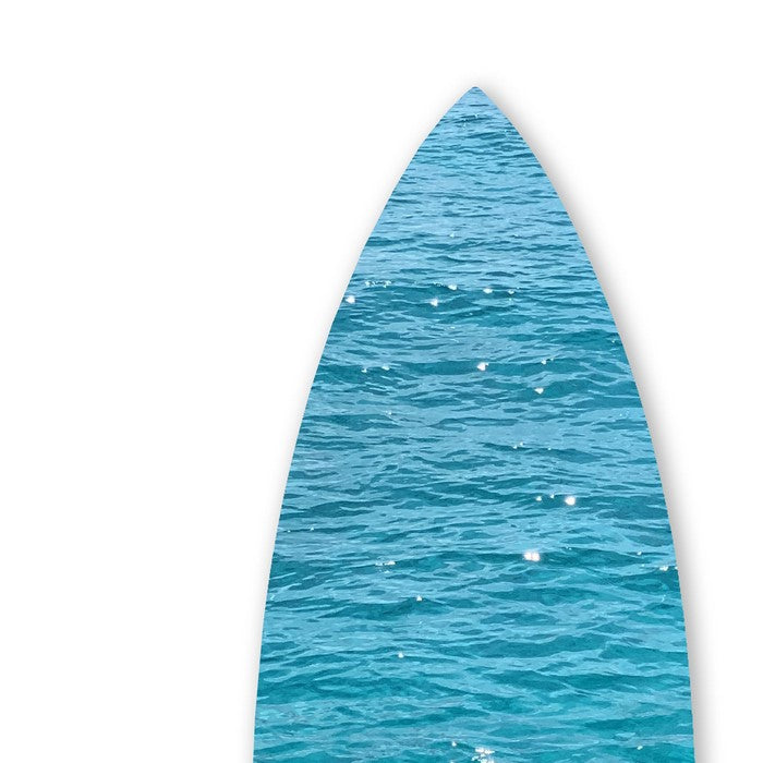 Wooden Surfboard Wall Art with Ocean Print, Glossy Blue