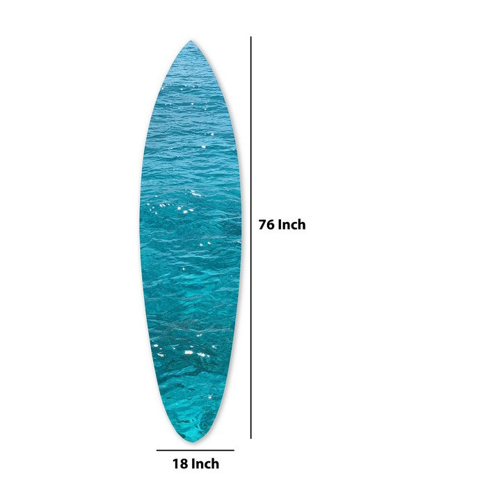 Wooden Surfboard Wall Art with Ocean Print, Glossy Blue