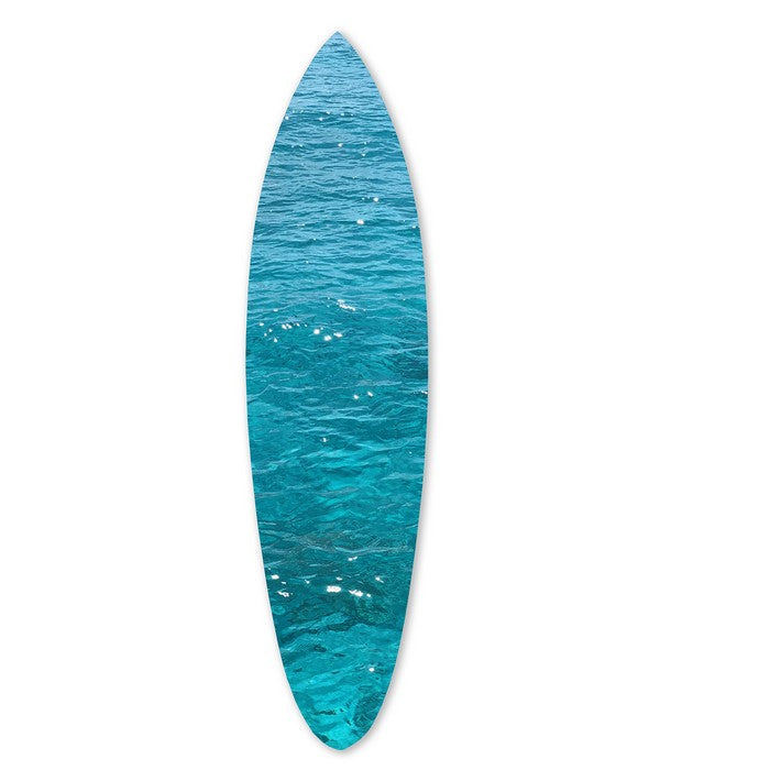Wooden Surfboard Wall Art with Ocean Print, Glossy Blue