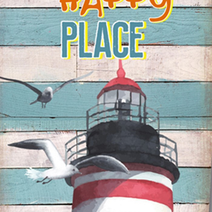Wooden Surfboard Wall Art with Lighthouse Print and Typography, Multicolor