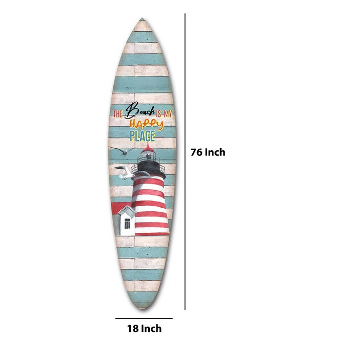 Wooden Surfboard Wall Art with Lighthouse Print and Typography, Multicolor