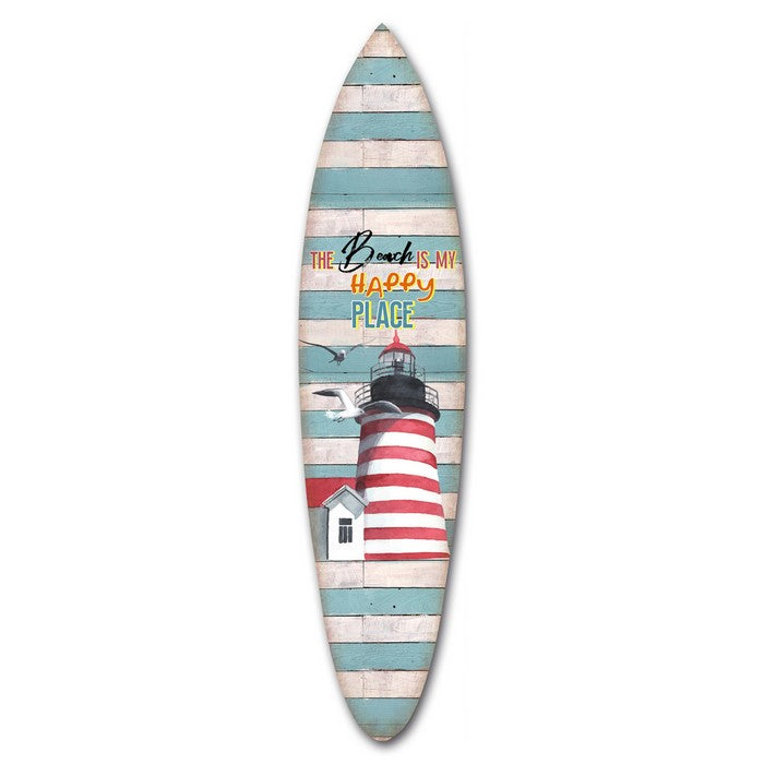 Wooden Surfboard Wall Art with Lighthouse Print and Typography, Multicolor