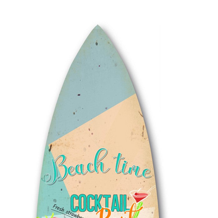 Wooden Surfboard Wall Art with Cocktail Print and Typography, Multicolor