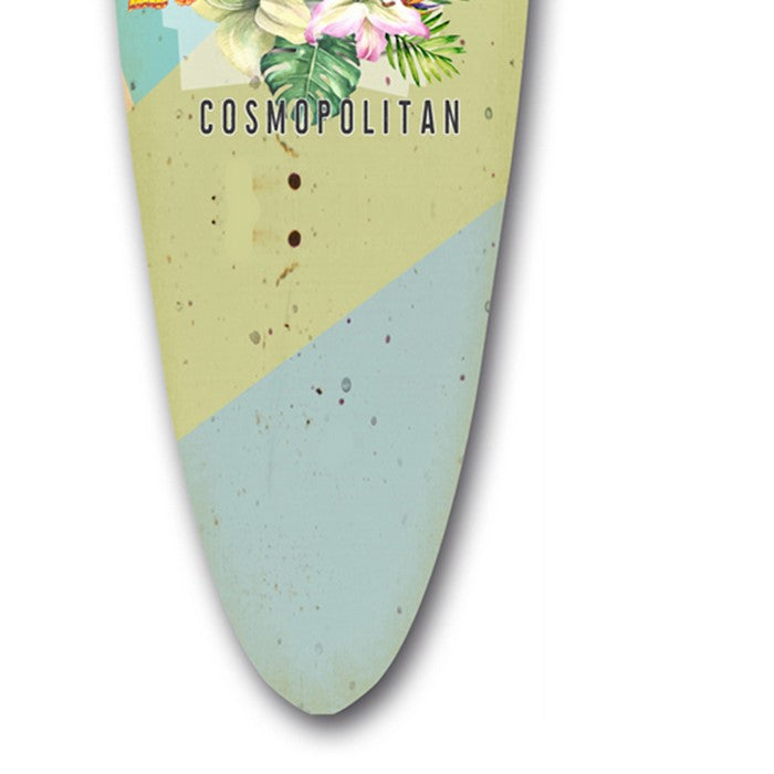 Wooden Surfboard Wall Art with Cocktail Print and Typography, Multicolor
