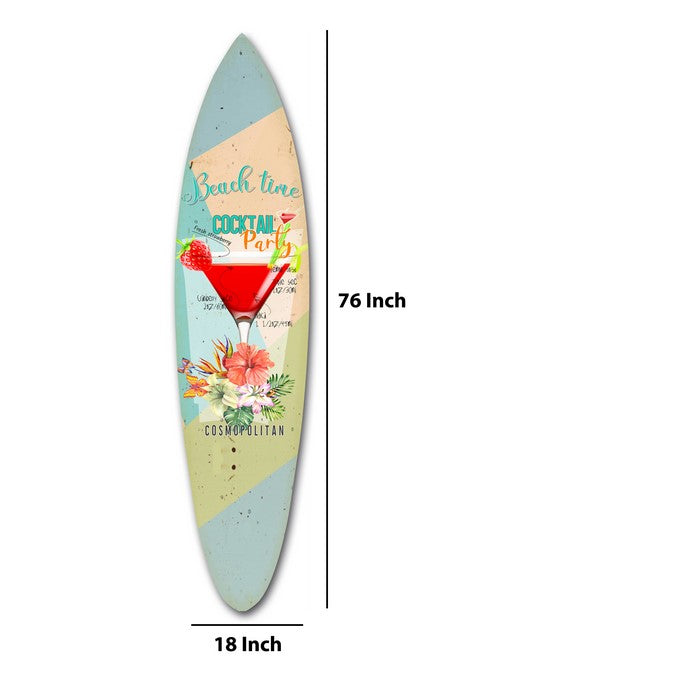 Wooden Surfboard Wall Art with Cocktail Print and Typography, Multicolor
