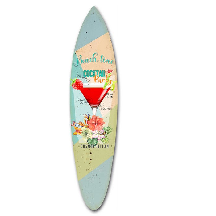 Wooden Surfboard Wall Art with Cocktail Print and Typography, Multicolor