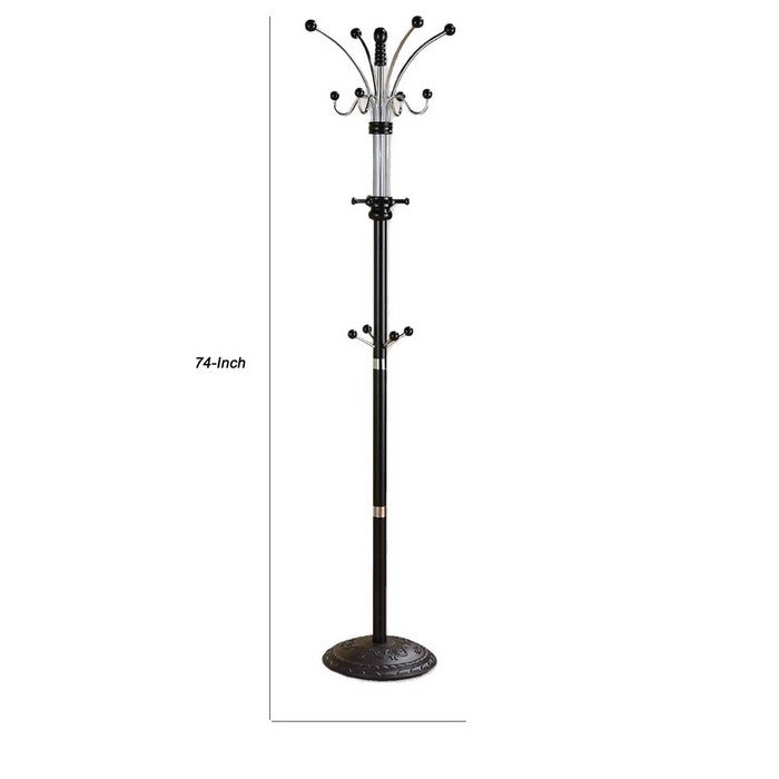 Metal Pole Coat Rack with Round Base and Multiple Hooks, Black
