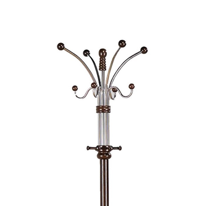 Metal Pole Coat Rack with Round Base and Multiple Hooks, Espresso Brown