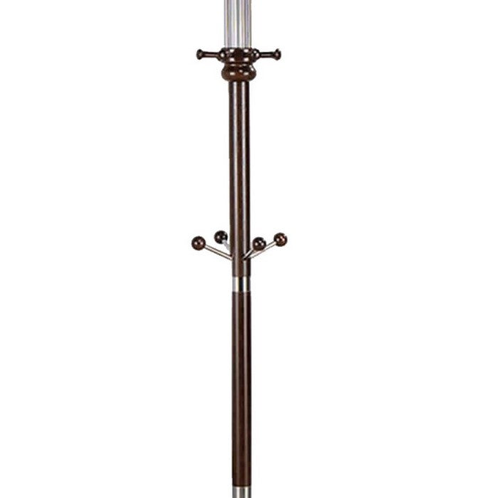 Metal Pole Coat Rack with Round Base and Multiple Hooks, Espresso Brown