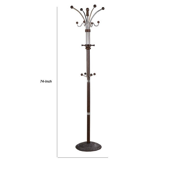 Metal Pole Coat Rack with Round Base and Multiple Hooks, Espresso Brown
