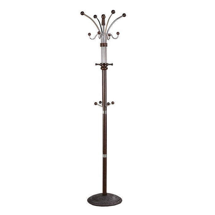 Metal Pole Coat Rack with Round Base and Multiple Hooks, Espresso Brown