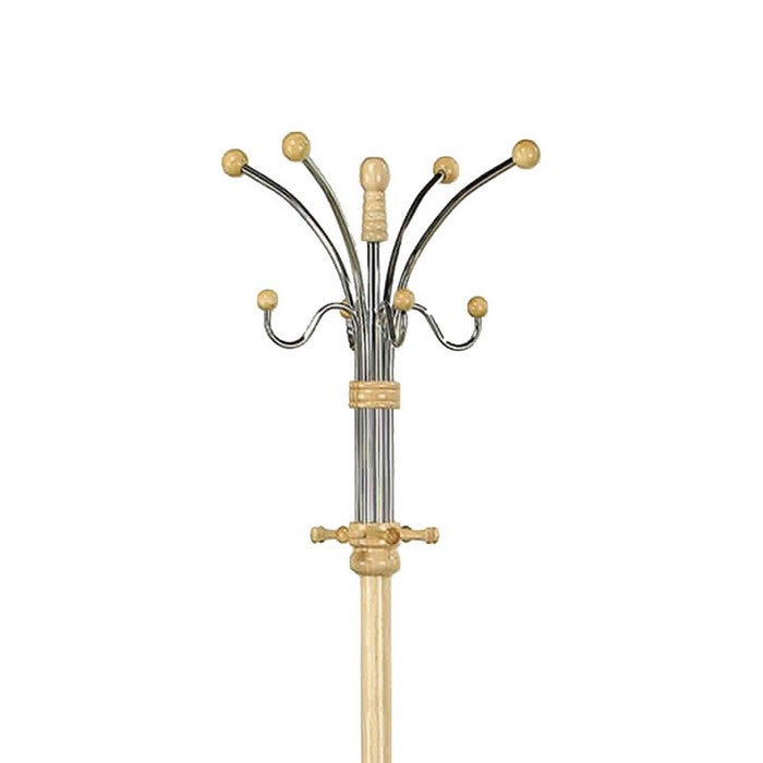 Metal Pole Coat Rack with Round Base and Multiple Hooks, Natural Brown
